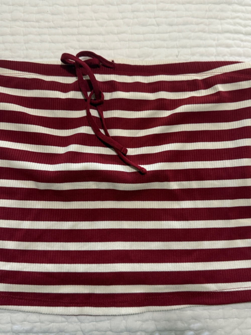 Striped Maroon and White Tie-Front Ribbed Crop Top